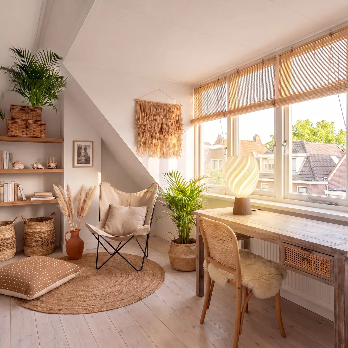 tafellamp met organische vorm op houten bureau in bohemien werkkamer