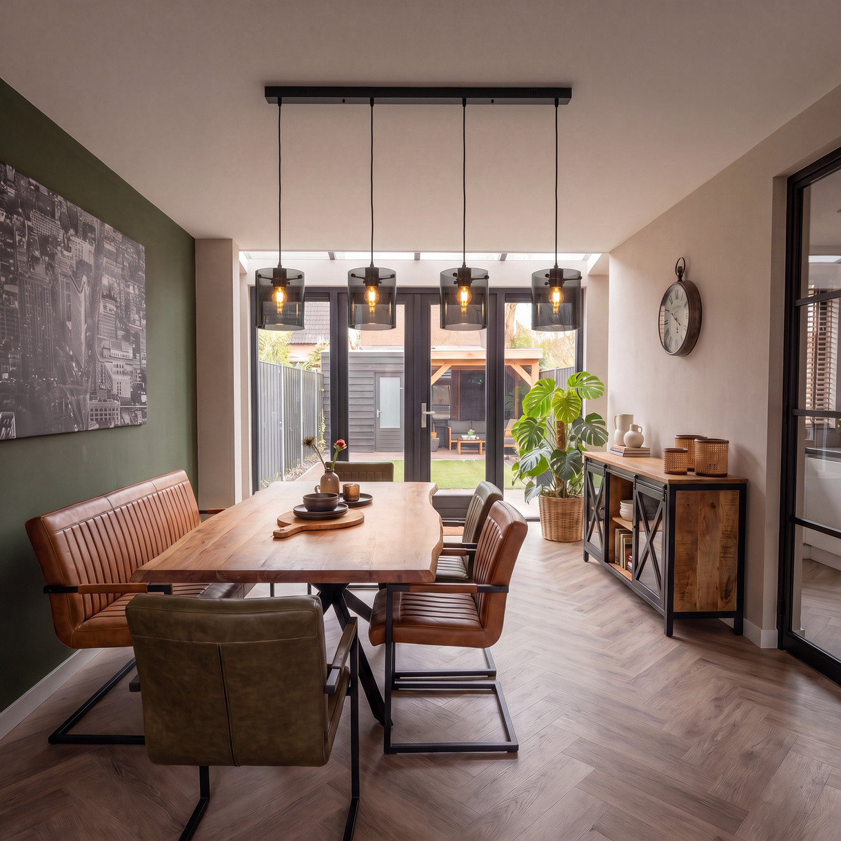 Hanglamp rookglas 4-lichts zwart boven eettafel in industrieel interieur | Vitrum