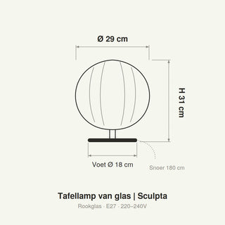 maatvoering tafellamp sculpta: ø29 cm, hoogte 31 cm, voet ø18 cm, snoer 180 cm